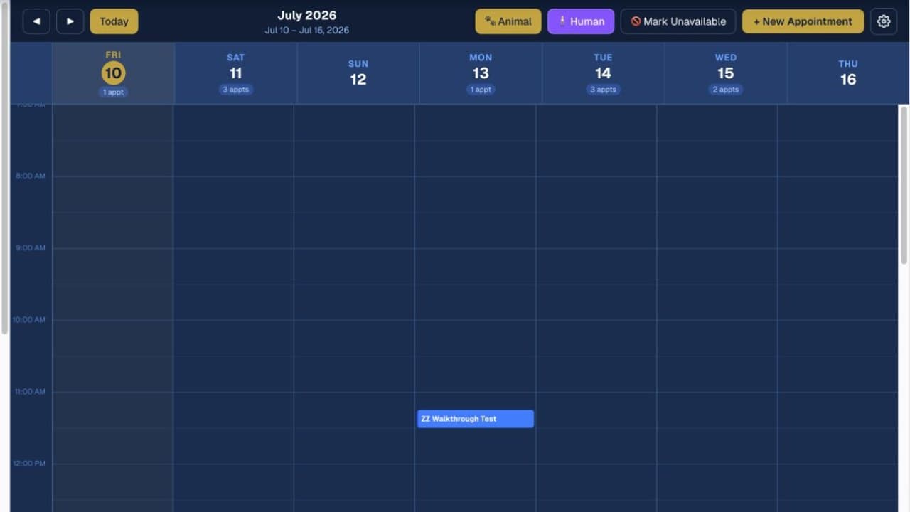 Chiro Stride weekly scheduler with daily appointment counts and timed calendar rows