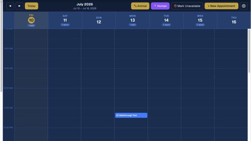 Chiro Stride weekly calendar with a scheduled synthetic appointment