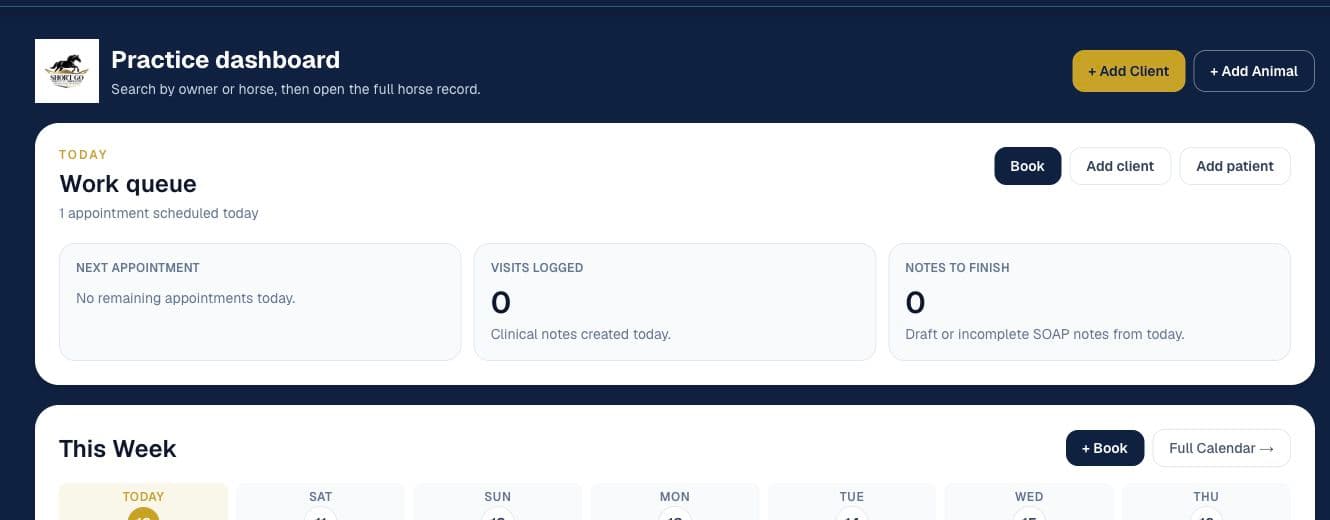 Chiro Stride practice dashboard showing the daily work queue and weekly schedule