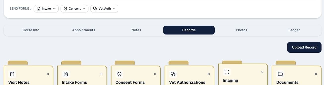 Chiro Stride patient record controls for intake, consent, veterinary authorization, imaging, visit notes, and documents