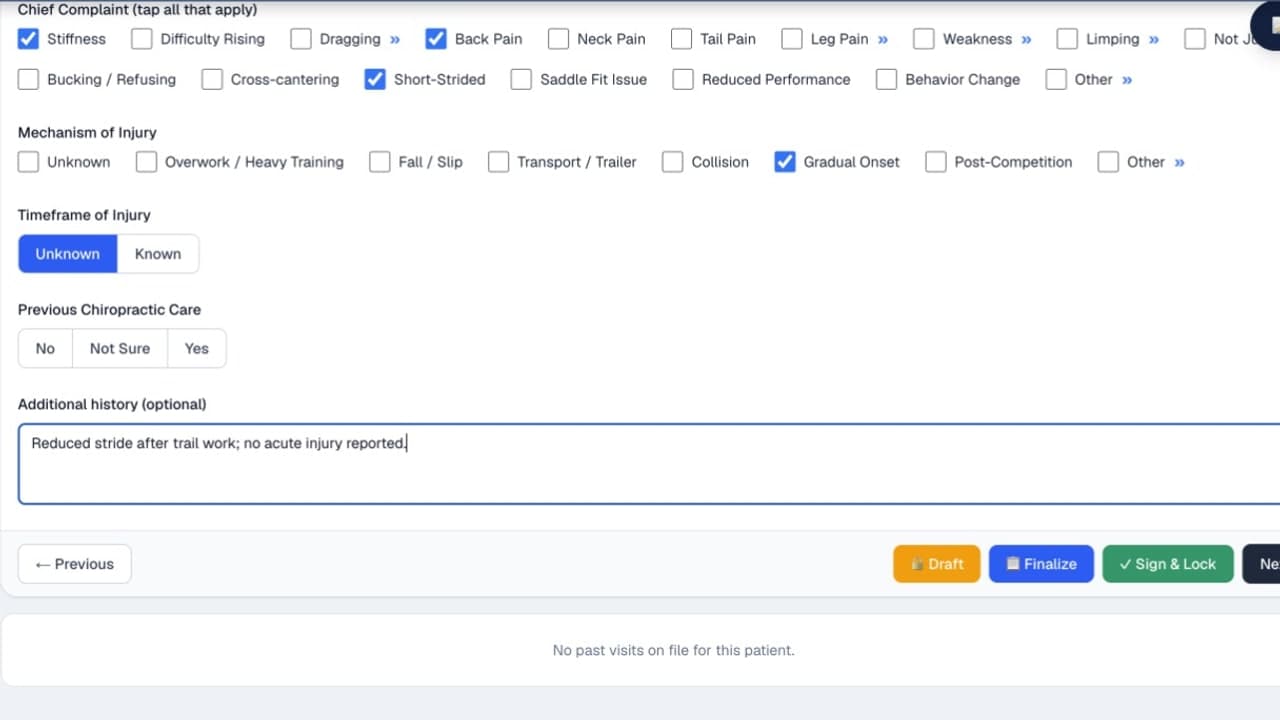 Chiro Stride SOAP wizard showing structured history choices for complaint, mechanism of injury, timeframe, and prior care