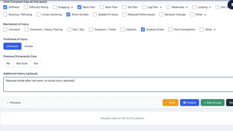 Chiro Stride tap-first SOAP wizard with structured history and clinical selections