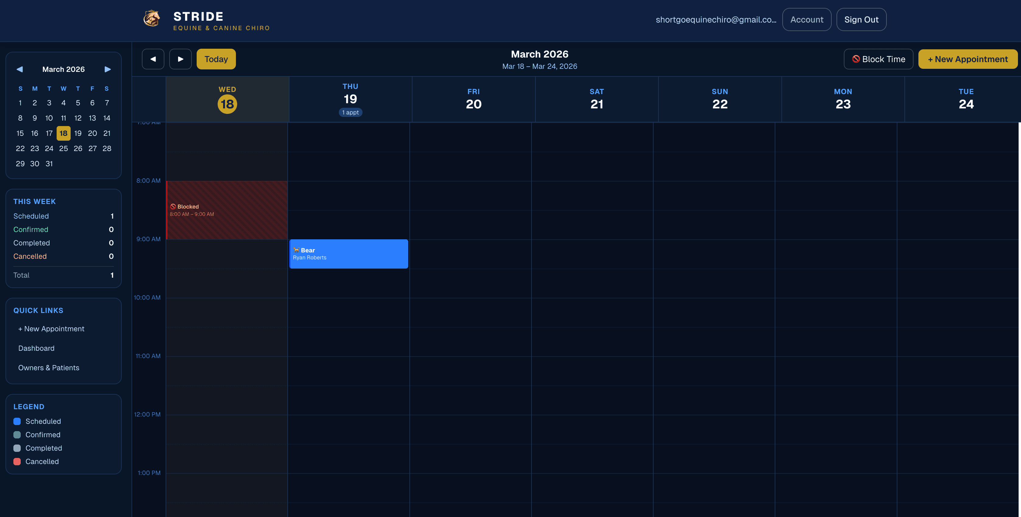 Chiro Stride appointment scheduler with calendar view, booking, and automated reminders